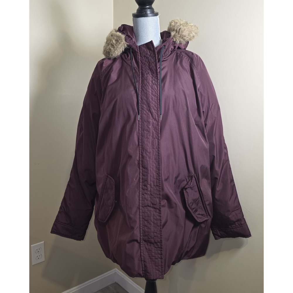 Old Navy Parka Jacket Womens XXL Burgundy Fur Trim Hood Full‎ Zip